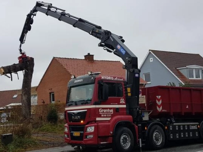 Træfældning med fældegrab. Træet tages ned stykke for stykke og lægges i medbragt container.