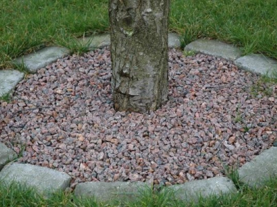 Rød granit rundt om træ i græsplæne. Rød granit bruges sjældnere end sort og grå. Men har du brug før denne farve, så skaffer vi den naturligvis gerne.